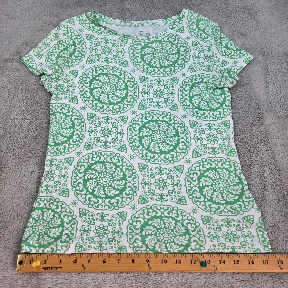 Talbots Medallion Print Tee Womens Sz P Pima Cotton Short Sleeve Top Green White